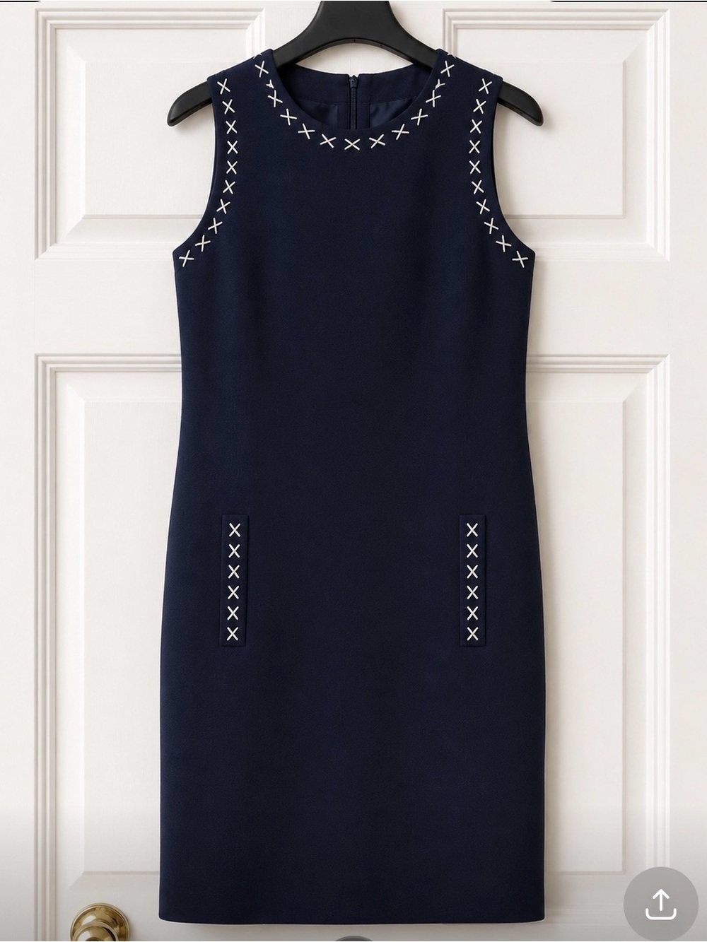 Sleeveless Navy Shift Dress with White Cross-Stitch Accents